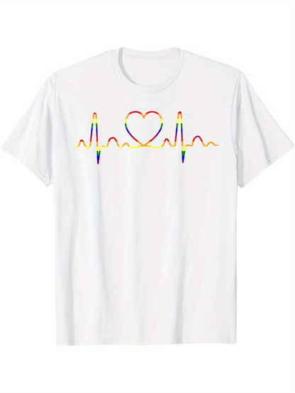 Men's Graphic T-Shirt Rainbow Line Pattern With Heart And Colorful Pulse Graphic