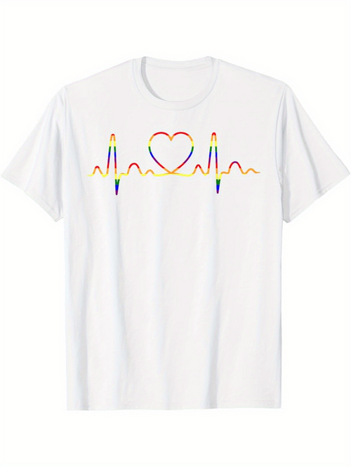 Men's Graphic T-Shirt Rainbow Line Pattern With Heart And Colorful Pulse Graphic
