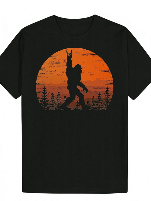 Men's Graphic T-Shirt Sunset Orange Silhouette Bigfoot Walking Peace Among Pine Trees