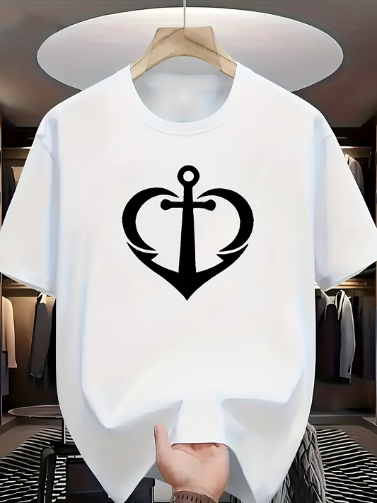 Men's Graphic T-Shirt Black Bold Anchor Surrounded By Curved Heart Symbol Centered Design