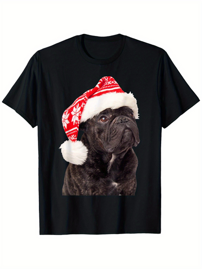 Men's Graphic T-Shirt Adorable Dog Wearing Festive Christmas Red Santa Hat Under Holiday Light