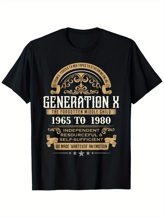 Men's Graphic T-Shirt Generation X Typography With Ornamental Banners Vintage Lettering Style In Classic Black Shirt