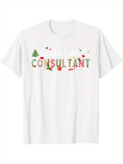 Men's Graphic T-Shirt Santa Consultant Festive Holiday Elements With Trees Candy Canes And Hats Consultant