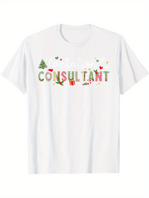 Men's Graphic T-Shirt Santa Consultant Festive Holiday Elements With Trees Candy Canes And Hats Consultant