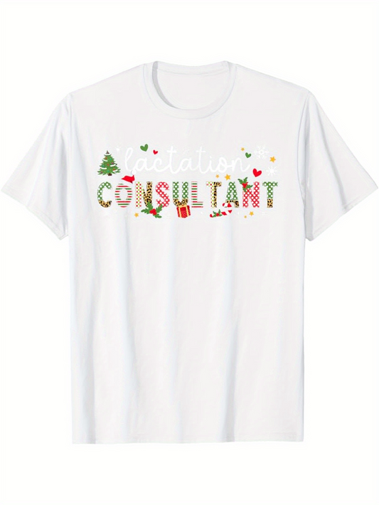 Men's Graphic T-Shirt Santa Consultant Festive Holiday Elements With Trees Candy Canes And Hats Consultant