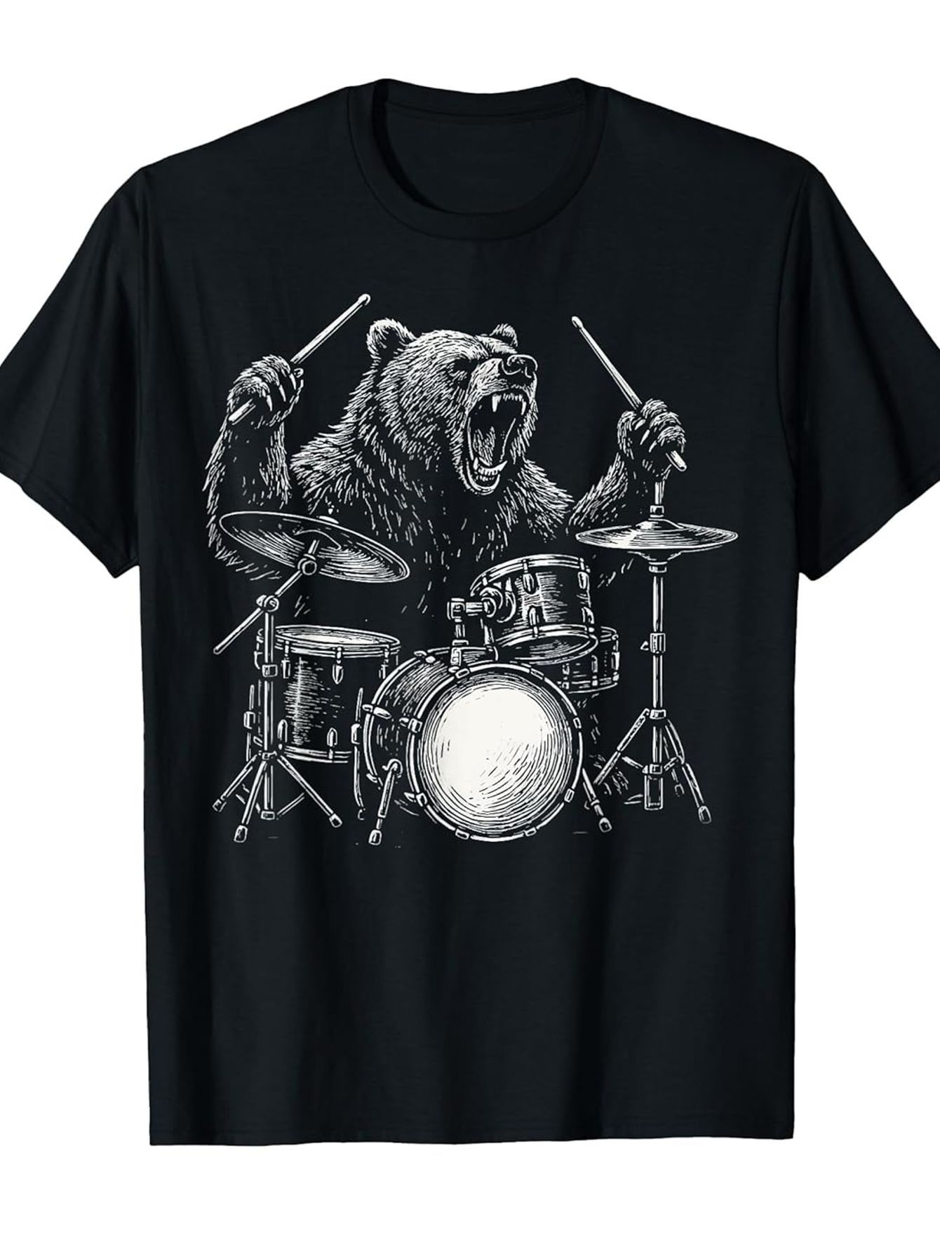 Men's Graphic T-Shirt Wild Roaring Bear Playing With Drumsticks On Drum Set
