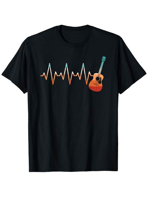 Men's Graphic T-Shirt Vibrant Orange Electro Wave With Guitar Motif Heartbeat Design Guitar