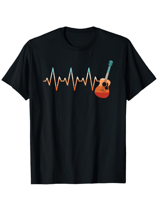Men's Graphic T-Shirt Vibrant Orange Electro Wave With Guitar Motif Heartbeat Design Guitar