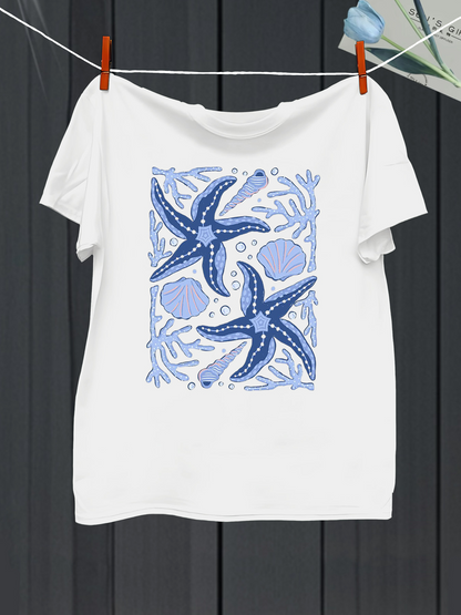Men's Graphic T-Shirt Underwater Ocean Scene With Decorative Shells Blue Starfish