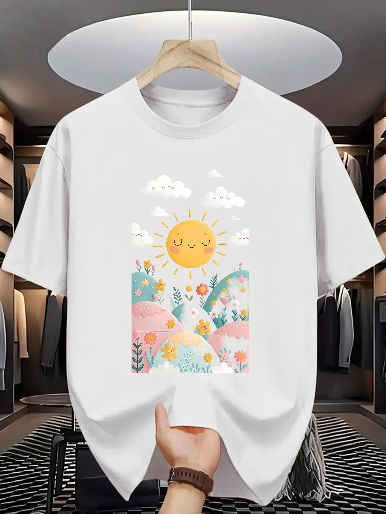 Men's Graphic T-Shirt Peaceful Sunshine Over Rolling Hills With Colorful Flowers Landscape