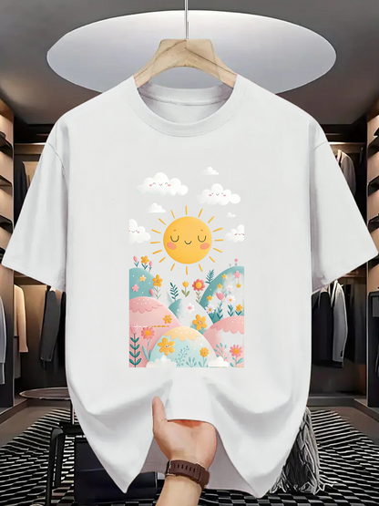 Men's Graphic T-Shirt Peaceful Sunshine Over Rolling Hills With Colorful Flowers Landscape