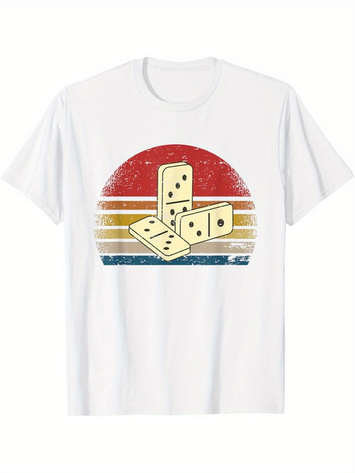 Men's Graphic T-Shirt Retro Sunset With Stacked Dominoes Over Faded Stripes Domino
