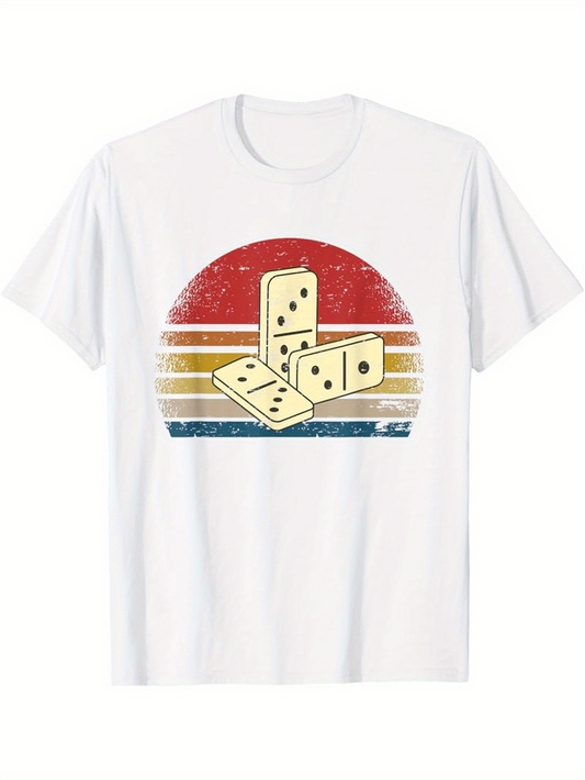 Men's Graphic T-Shirt Retro Sunset With Stacked Dominoes Over Faded Stripes Domino