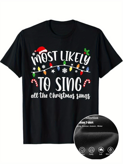 Men's Graphic T-Shirt Most Likely To Sing Festive Lights With Candy Cane Motif Christmas T Shirt