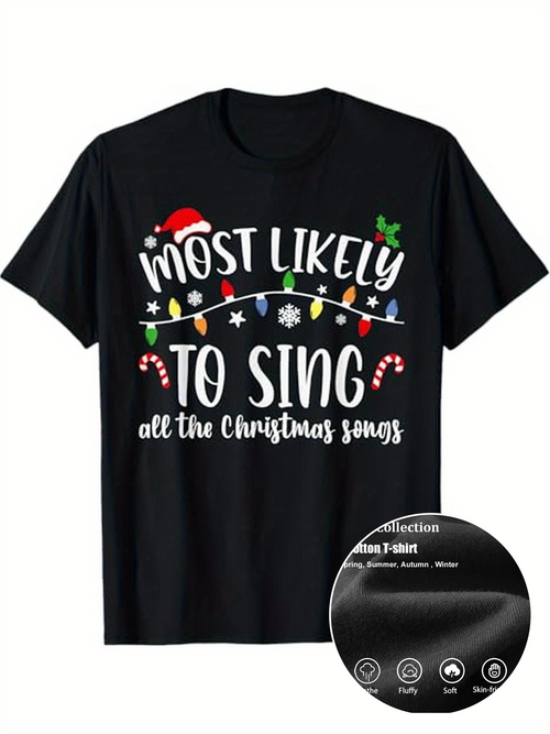 Men's Graphic T-Shirt Most Likely To Sing Festive Lights With Candy Cane Motif Christmas T Shirt