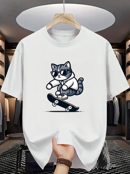 Men's Graphic T-Shirt Cool Cat Wearing Sunglasses Skating On Urban Street Skateboard