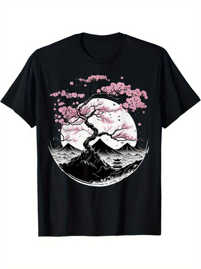 Men's Graphic T-Shirt Moonlit Mountain Scenery With Blossoming Cherry Tree Branches