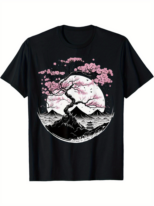 Men's Graphic T-Shirt Moonlit Mountain Scenery With Blossoming Cherry Tree Branches
