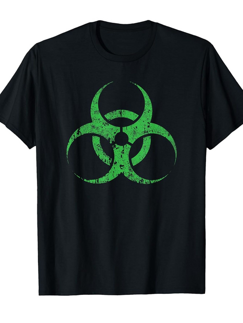 Men's Graphic T-Shirt Grungy Distressed Neon Green Warning Symbol Biohazard Sign
