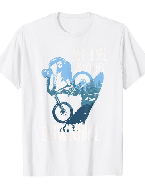 Men's Graphic T-Shirt Sky Blue Cityscape Motocross Silhouette With Stunt Rider Biking In Motion