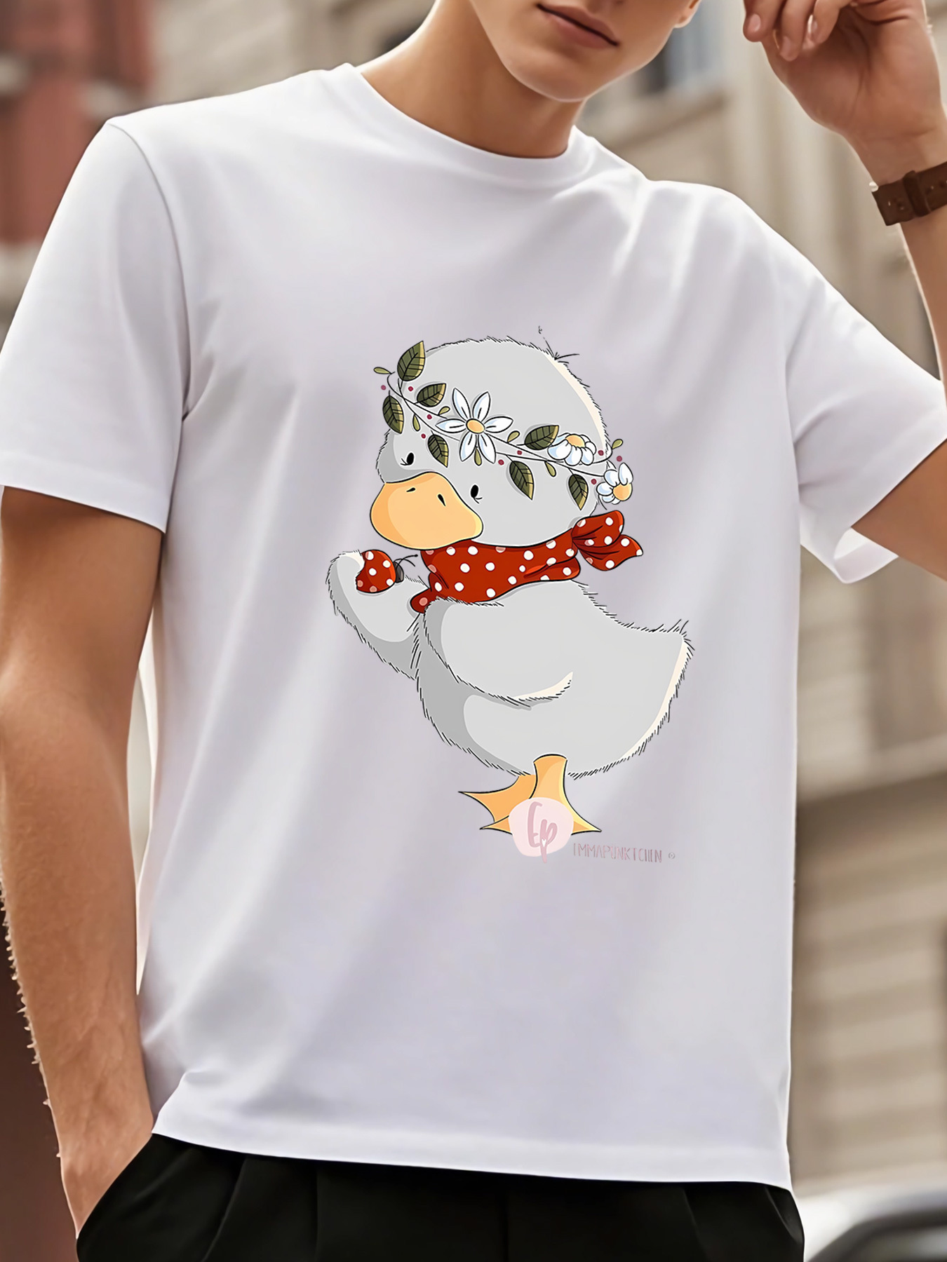 Men's Graphic T-Shirt Cute Playful Goose Wearing Leaf Crown And Red Polka Dot Scarf