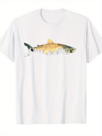Men's Graphic T-Shirt Watercolor Forest Reflection With Tranquil River And Majestic Fish