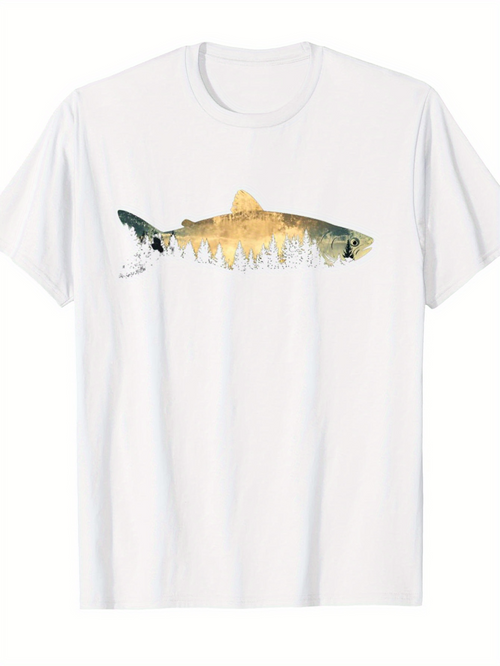Men's Graphic T-Shirt Watercolor Forest Reflection With Tranquil River And Majestic Fish