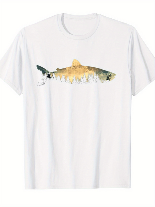 Men's Graphic T-Shirt Watercolor Forest Reflection With Tranquil River And Majestic Fish