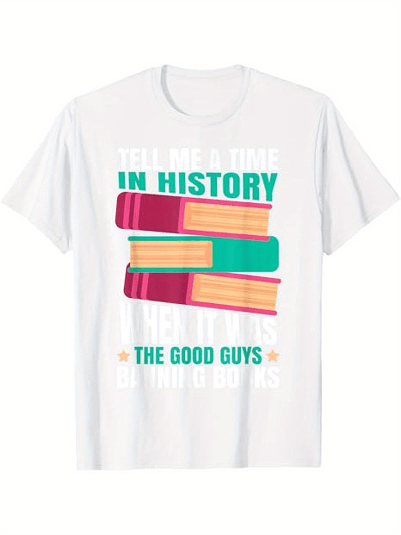 Men's Graphic T-Shirt Tell Me A Time In History With Stacked Colorful Hardcover Books