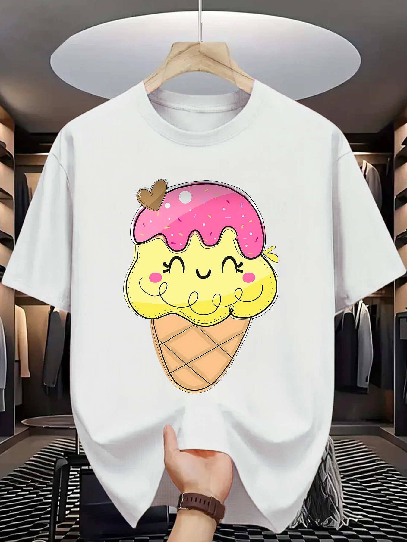 Men's Graphic T-Shirt Pastel Smiling Cartoon Ice Cream Cone With Chocolate Heart