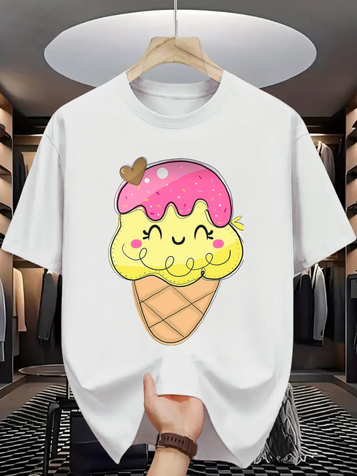 Men's Graphic T-Shirt Pastel Smiling Cartoon Ice Cream Cone With Chocolate Heart