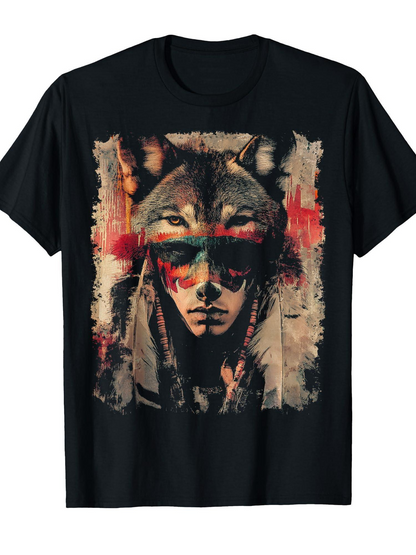 Men's Graphic T-Shirt Tribal Spirit With Wolf Mask Over Abstract Painted Portrait