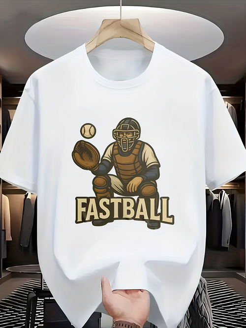 Men's Graphic T-Shirt Catchers Gear With Flying Baseball Fastball Player