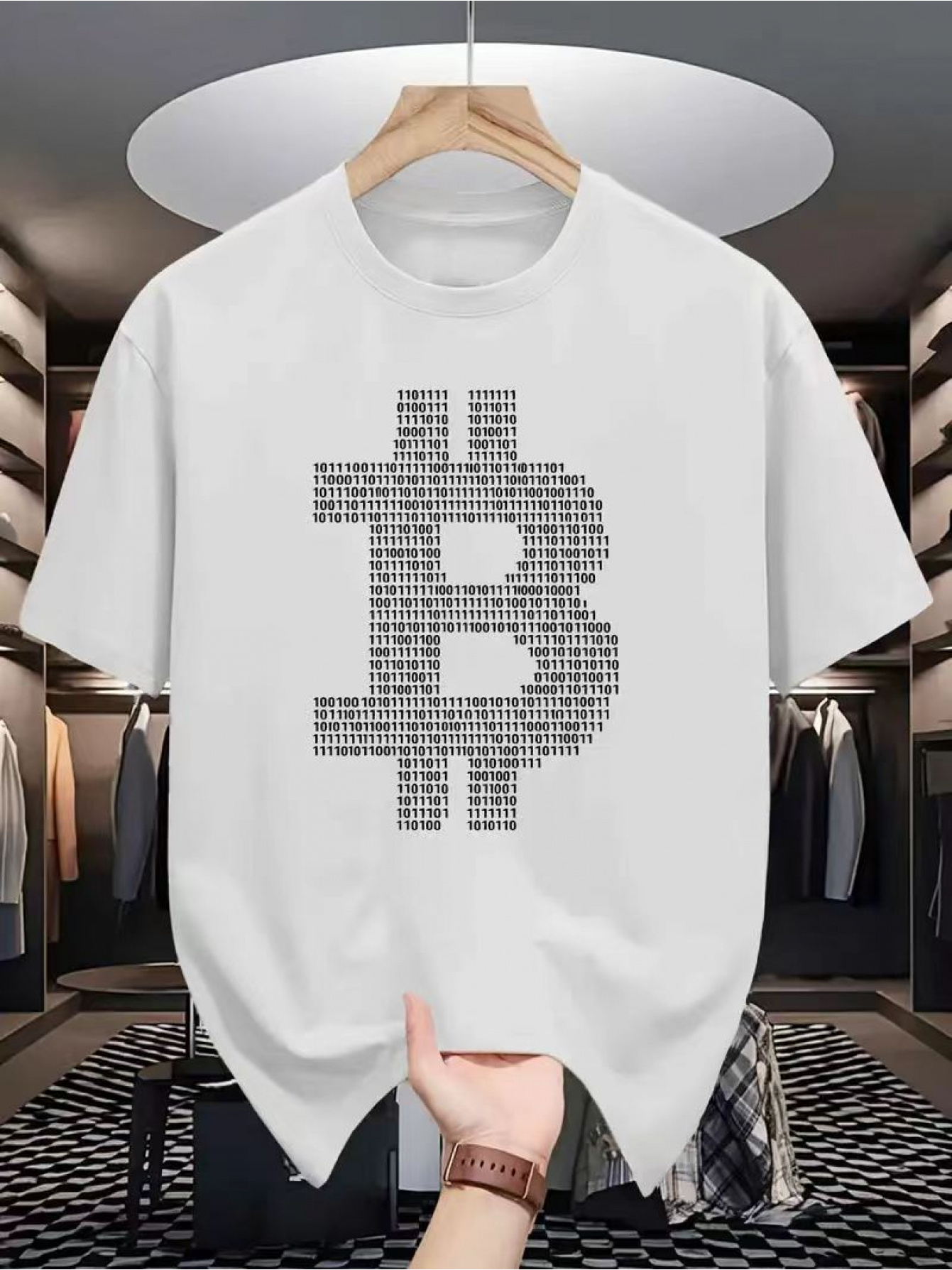 Men's Graphic T-Shirt Monochrome Digital Pattern With Geometric Typographic Elements Bitcoin Symbol
