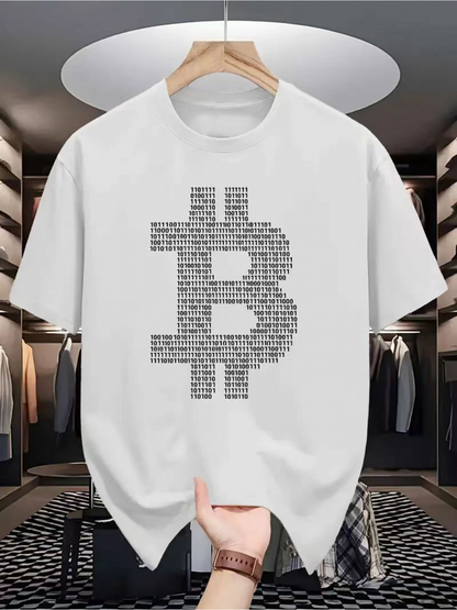 Men's Graphic T-Shirt Monochrome Digital Pattern With Geometric Typographic Elements Bitcoin Symbol