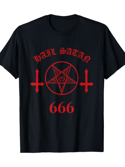 Men's Graphic T-Shirt Hail Satan With Red Pentagram And Number 666 Symbol T Shirt