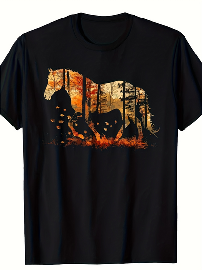 Men's Graphic T-Shirt Sunset Forest With Horses Among Fallen Leaves Grazing Horse