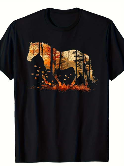 Men's Graphic T-Shirt Sunset Forest With Horses Among Fallen Leaves Grazing Horse