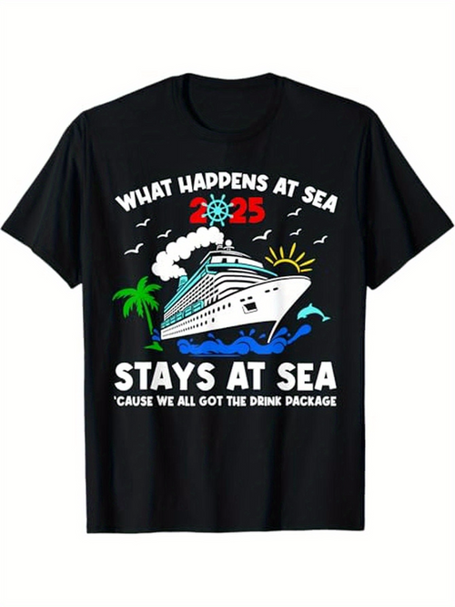 Men's Graphic T-Shirt What Happens At Sea Colorful Palm Trees And Cruise Ship With Waves