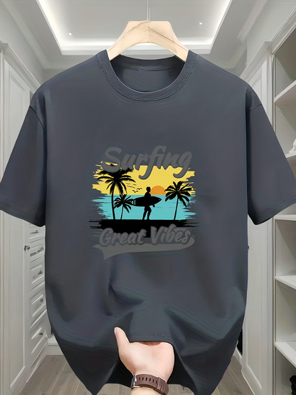 Men's Graphic T-Shirt Surfing Good Vibes Sunset Silhouette With Palm Trees And Surfer