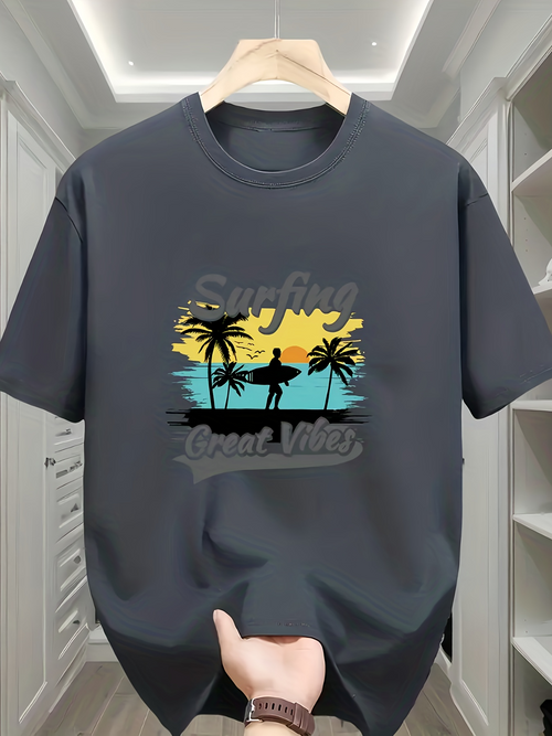 Men's Graphic T-Shirt Surfing Good Vibes Sunset Silhouette With Palm Trees And Surfer