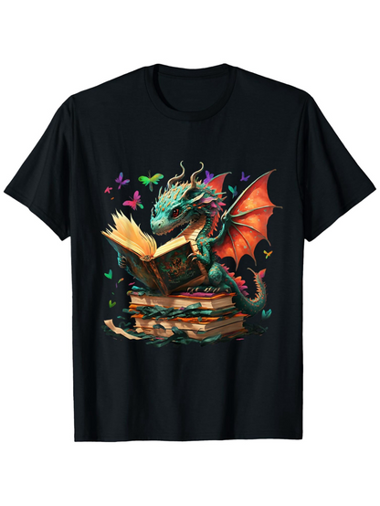Men's Graphic T-Shirt Colorful Butterflies Flying Around Books With Reading Dragon