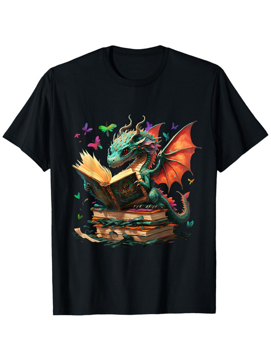Men's Graphic T-Shirt Colorful Butterflies Flying Around Books With Reading Dragon