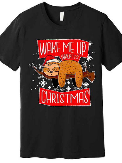 Men's Graphic T-Shirt Wake Me Up When Its Christmas Festive Snowflakes Sloth Wearing Santa Hat
