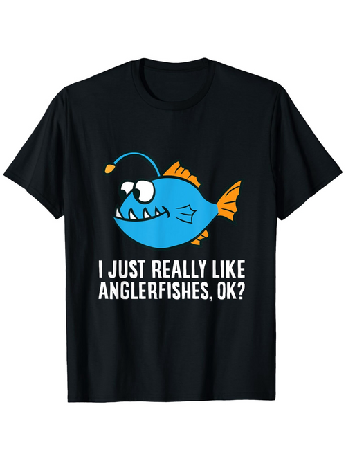 Men's Graphic T-Shirt I Just Really Like Playful Blue Cartoon With Fins And Big Teeth Anglerfish
