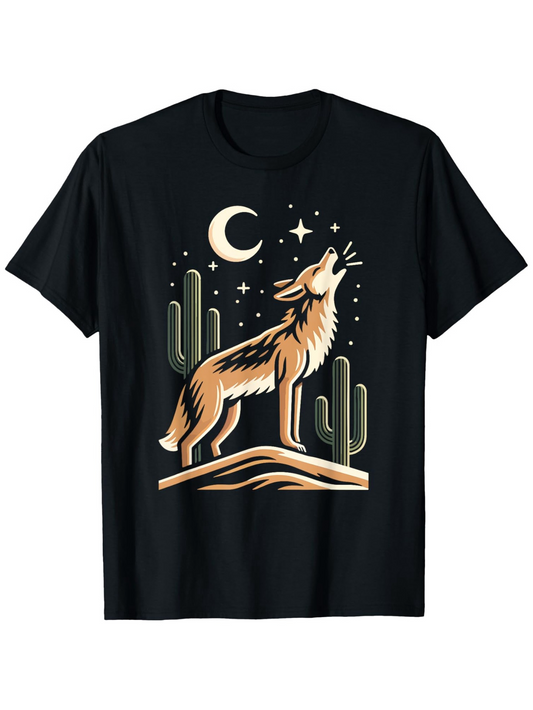 Men's Graphic T-Shirt Desert Night With Howling Wolf Under Crescent Moon