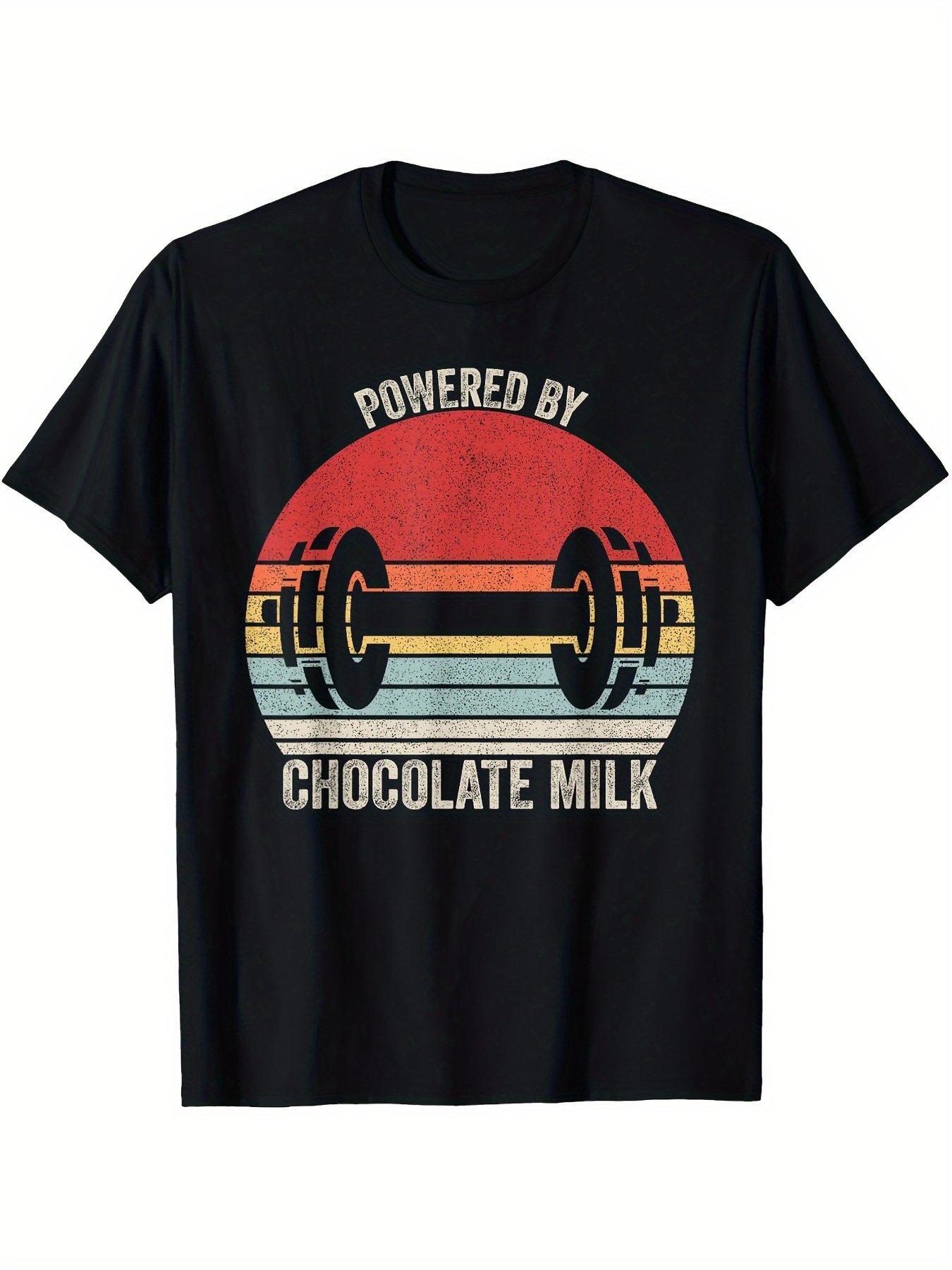 Men's Graphic T-Shirt Powered By Chocolate Milk Retro Sunset With Vintage Barbell Weightlifting Dumbbell