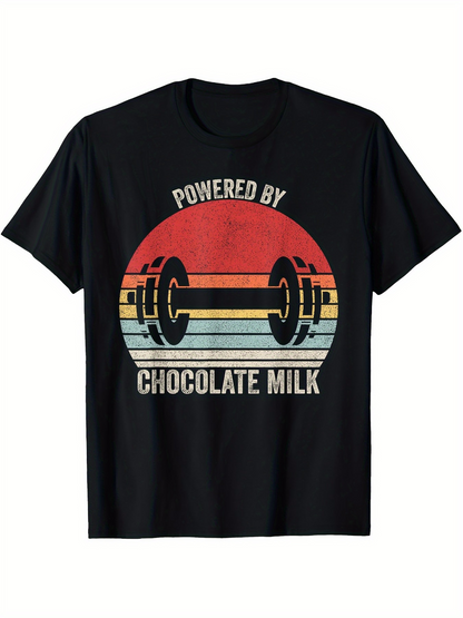 Men's Graphic T-Shirt Powered By Chocolate Milk Retro Sunset With Vintage Barbell Weightlifting Dumbbell