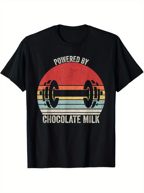 Men's Graphic T-Shirt Powered By Chocolate Milk Retro Sunset With Vintage Barbell Weightlifting Dumbbell