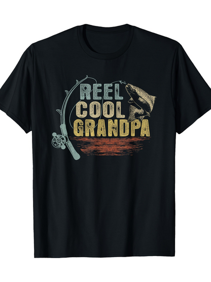 Men's Graphic T-Shirt Reel Cool Grandpa Fishing Rod And Lively Water Featuring Jumping Fish